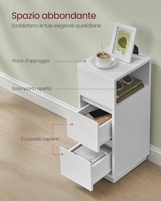 Mesitas Estrechas, Set de 2, Mesas con 2 Cajones y Compartimento Montado Hacia la Izquierda o Derecha, para Dormitorio, Sala de Estar, Blanco Nube