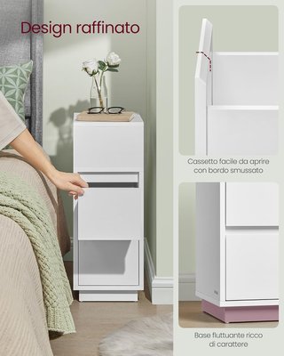 Mesitas Estrechas, Set de 2, Mesas con 2 Cajones y Compartimento Montado Hacia la Izquierda o Derecha, para Dormitorio, Sala de Estar, Blanco Nube