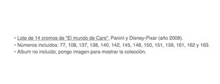 Lote Cromos El Mundo de Cars Panini