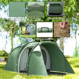 Tienda de Camping en Túnel para 2-3 Personas, Tienda de Camping Familiar de 3 Plazas con Zona de Estar y Dormitorio, Puertas, Ventanas Laterales y Bolsa de Transporte, 426X206X154 Cm