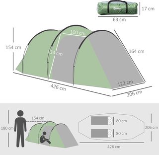 Tienda de Camping en Túnel para 2-3 Personas, Tienda de Camping Familiar de 3 Plazas con Zona de Estar y Dormitorio, Puertas, Ventanas Laterales y Bolsa de Transporte, 426X206X154 Cm