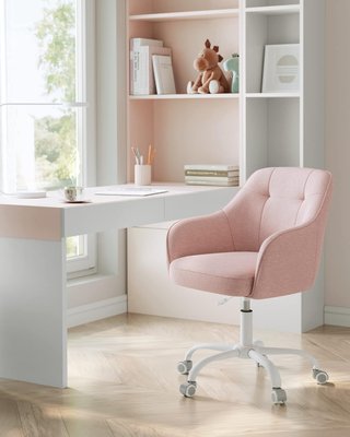 Silla de Estudio en Casa, Silla Giratoria, Ajustable en Altura, Soporta 110 Kg, Estructura de Acero, Tejido de Algodón-Lino Transpirable, Estudio, Dormitorio, Rosa OBG019P01