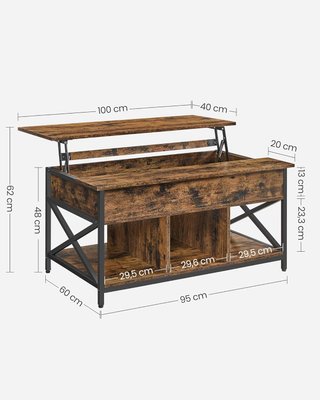 Mesa de café, mesa de salón con superficie elevable, mesa con espacio de organizador abierto y oculto, barras en X, 60 x 100 x (48-62) cm, marrón vintage y negro LCT205B01