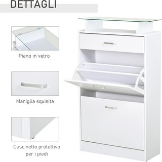Mueble Zapatero Con 2 Puertas de 2 Niveles, Cajón y Estante de Vidrio, Zapatero Ahorra Espacio de Madera para Entrada y Pasillo, 60X24X105.5 Cm, Blanco