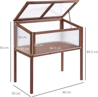Mini Invernadero de Jardín Elevado para Plantas Estructura de Madera y Policarbonato con Techo Abatible e Inclinado, 90X50X93Cm