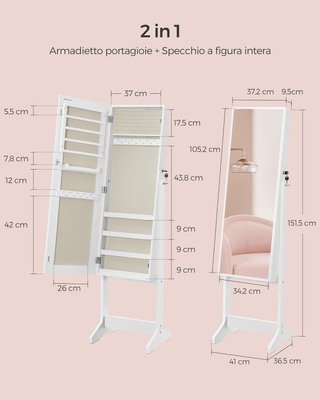 Espejo Joyero de Pie, Armario de Joyas, Espejo de Cuerpo Entero, Con Cerradura, Idea de Regalo, Superficie Blanca y Forro Beige JJC069W02