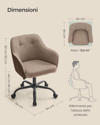 Silla de Estudio en Casa, Silla Giratoria, Ajustable en Altura, Capacidad de 110 Kg, Estructura de Acero, Tejido de Algodón-Lino Transpirable, Estudio, Dormitorio, Marrón OBG019K01