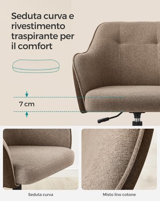 Silla de Estudio en Casa, Silla Giratoria, Ajustable en Altura, Capacidad de 110 Kg, Estructura de Acero, Tejido de Algodón-Lino Transpirable, Estudio, Dormitorio, Marrón OBG019K01