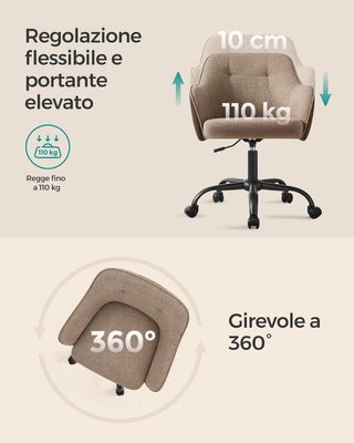 Silla de Estudio en Casa, Silla Giratoria, Ajustable en Altura, Capacidad de 110 Kg, Estructura de Acero, Tejido de Algodón-Lino Transpirable, Estudio, Dormitorio, Marrón OBG019K01