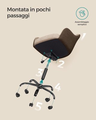 Silla de Estudio en Casa, Silla Giratoria, Ajustable en Altura, Capacidad de 110 Kg, Estructura de Acero, Tejido de Algodón-Lino Transpirable, Estudio, Dormitorio, Marrón OBG019K01