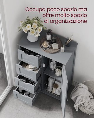 Mueble De Baño, Mueble Para Baño Estrecho, Organizador, Cajonera, Con 4 Cajones, Puerta, Estante Regulable, 30 X 55 X 82 Cm, Gris Tortora