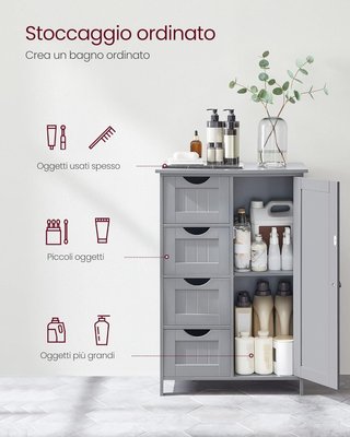 Mueble De Baño, Mueble Para Baño Estrecho, Organizador, Cajonera, Con 4 Cajones, Puerta, Estante Regulable, 30 X 55 X 82 Cm, Gris Tortora