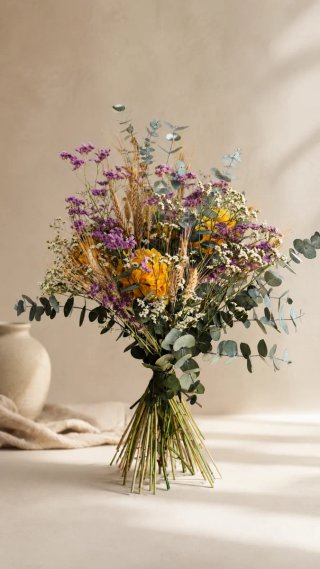 Ramo de flores preservadas y eucalipto