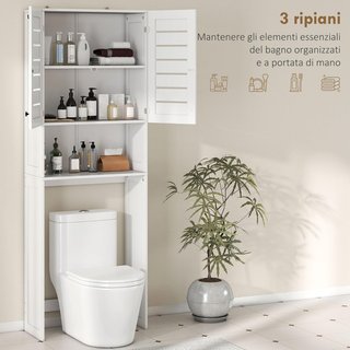Mueble Sobre WC Con Armario de 2 Puertas y Estante Abierto, Mueble de Baño en MDF, Estante Sobre WC, 67X31.5X190 Cm, Blanco