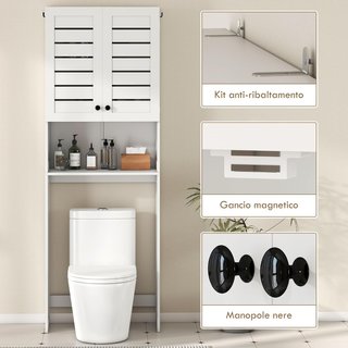 Mueble Sobre WC Con Armario de 2 Puertas y Estante Abierto, Mueble de Baño en MDF, Estante Sobre WC, 67X31.5X190 Cm, Blanco