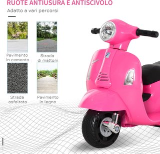 Moto Eléctrica para Niños 6V Con Licencia Oficial Vespa Batería, Motocicleta Eléctrica para Niños de 18-36 Meses Con Faros y Claxon, 66.5X38X52Cm, Rosa