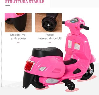 Moto Eléctrica para Niños 6V Con Licencia Oficial Vespa Batería, Motocicleta Eléctrica para Niños de 18-36 Meses Con Faros y Claxon, 66.5X38X52Cm, Rosa