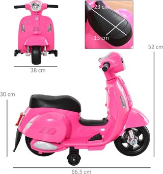 Moto Eléctrica para Niños 6V Con Licencia Oficial Vespa Batería, Motocicleta Eléctrica para Niños de 18-36 Meses Con Faros y Claxon, 66.5X38X52Cm, Rosa