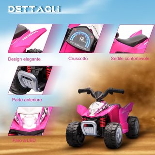 HONDA Quad Eléctrico para Niños 18-36 Meses, Mini Quad para Niños Con Luces LED, Claxon y Pedales, Velocidad Máx 2.8 Km/H, 65.5X38.5X43.5 Cm, Rosa