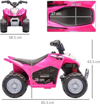 HONDA Quad Eléctrico para Niños 18-36 Meses, Mini Quad para Niños Con Luces LED, Claxon y Pedales, Velocidad Máx 2.8 Km/H, 65.5X38.5X43.5 Cm, Rosa