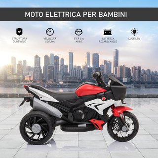 Moto Eléctrica para Niños de 3-5 Años 6V (Máx. 25Kg), Velocidad 3Km/H, Motocicleta Eléctrica para Niños con 3 Ruedas, Luces y Sonidos, Roja, 86X42X52Cm
