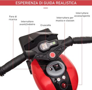 Moto Eléctrica para Niños de 3-5 Años 6V (Máx. 25Kg), Velocidad 3Km/H, Motocicleta Eléctrica para Niños con 3 Ruedas, Luces y Sonidos, Roja, 86X42X52Cm