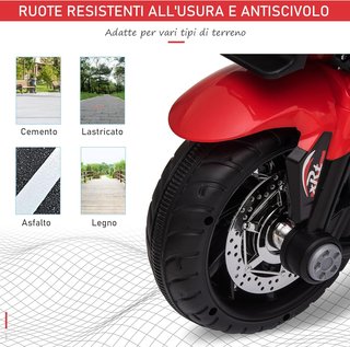 Moto Eléctrica para Niños de 3-5 Años 6V (Máx. 25Kg), Velocidad 3Km/H, Motocicleta Eléctrica para Niños con 3 Ruedas, Luces y Sonidos, Roja, 86X42X52Cm