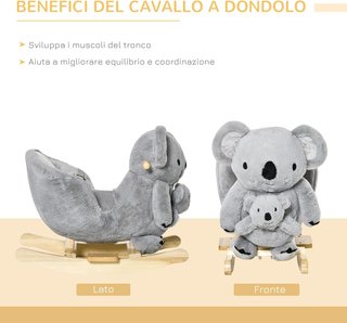 Caballo Balancín Koala de Peluche Acolchado con Sonidos, Cinturón de Seguridad y Base de Madera, 60X33X50Cm, Gris