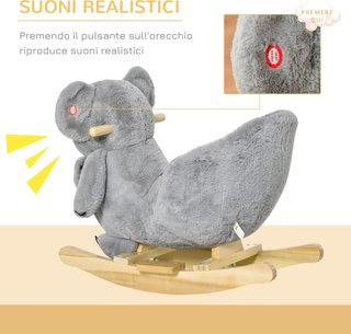 Caballo Balancín Koala de Peluche Acolchado con Sonidos, Cinturón de Seguridad y Base de Madera, 60X33X50Cm, Gris