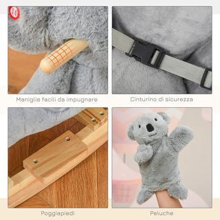 Caballo Balancín Koala de Peluche Acolchado con Sonidos, Cinturón de Seguridad y Base de Madera, 60X33X50Cm, Gris