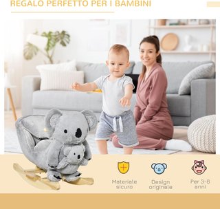 Caballo Balancín Koala de Peluche Acolchado con Sonidos, Cinturón de Seguridad y Base de Madera, 60X33X50Cm, Gris