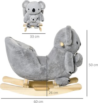 Caballo Balancín Koala de Peluche Acolchado con Sonidos, Cinturón de Seguridad y Base de Madera, 60X33X50Cm, Gris