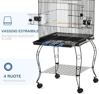 Jaula para Aves de Interior de Acero y Madera con Bandeja Extraíble, 4 Ruedas, Perchero y Contenedor de Alimentos, 50X49X137Cm, Negro