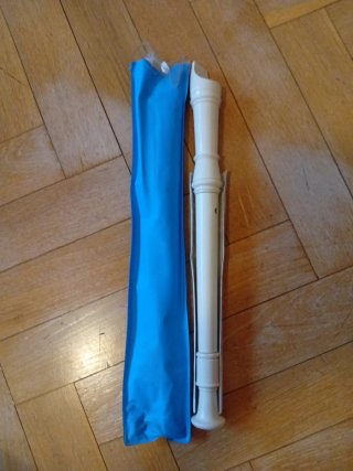 Flauta dulce con funda azul.