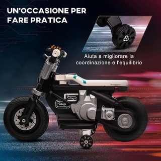 Moto Eléctrica para Niños 6V con Ruedines, Claxon, 4 Faros y Música, Motocicleta Eléctrica para Niños de 3-5 Años en PP y Metal, Velocidad 3 Km/H, 86X44X58 Cm, Blanca