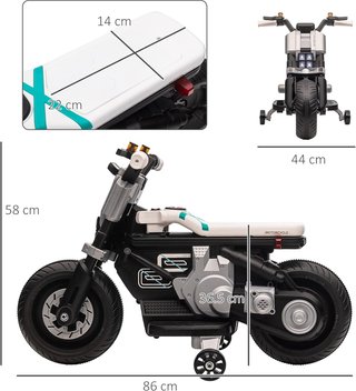 Moto Eléctrica para Niños 6V con Ruedines, Claxon, 4 Faros y Música, Motocicleta Eléctrica para Niños de 3-5 Años en PP y Metal, Velocidad 3 Km/H, 86X44X58 Cm, Blanca