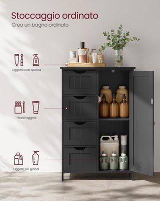 Mueble De Baño, Mueble Para Baño Estrecho, Organizador, Cajonera, Con 4 Cajones, Puerta, Estante Regulable, 30 X 55 X 82 Cm, Negro Tinta LHC041B02