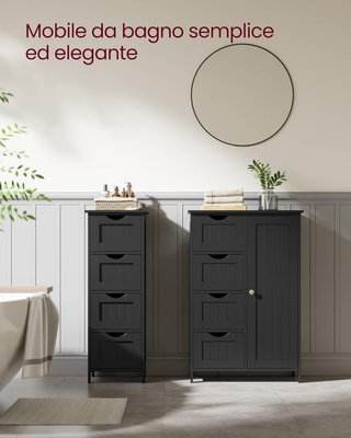 Mueble De Baño, Mueble Para Baño Estrecho, Organizador, Cajonera, Con 4 Cajones, Puerta, Estante Regulable, 30 X 55 X 82 Cm, Negro Tinta LHC041B02