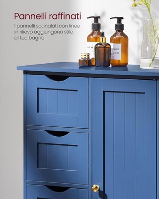 Mueble De Baño, Mueble Para Baño Estrecho, Organizador, Cajonera, Con 4 Cajones, Puerta, Estante Regulable, 30 X 55 X 82 Cm, Azul Puerto LHC041QE02
