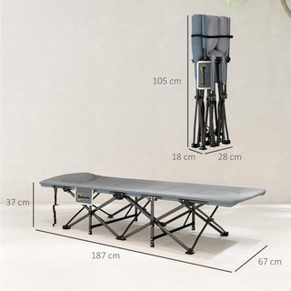 Cama de Camping Plegable con Cojín Integrado y Bolsillo Lateral, Camilla de Camping de Metal y Poliéster, Resistente hasta 150 Kg, 187X67X37 Cm, Gris