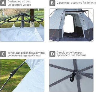 Tienda De Camping Para 2 Personas Con Apertura Automática Y Accesorios Incluidos, Tienda De Viaje De Acero, Tejido Oxford Y Fibra De Vidrio, Gris Y Negro