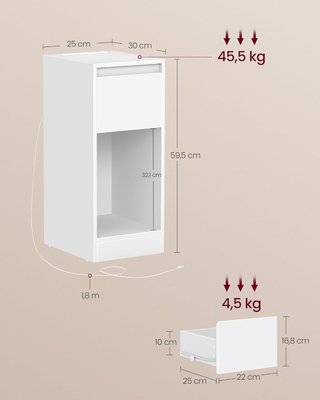 Juego de 2 Mesitas de Noche Estrechas, Mesas, Con Iluminación LED, 1 Puerto USB-A, 1 Puerto USB-C, Cajón y Compartimento Abierto, para Dormitorio, Sala de Estar, Blanco Nube LET710W01