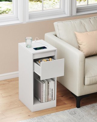 Juego de 2 Mesitas de Noche Estrechas, Mesas, Con Iluminación LED, 1 Puerto USB-A, 1 Puerto USB-C, Cajón y Compartimento Abierto, para Dormitorio, Sala de Estar, Blanco Nube LET710W01