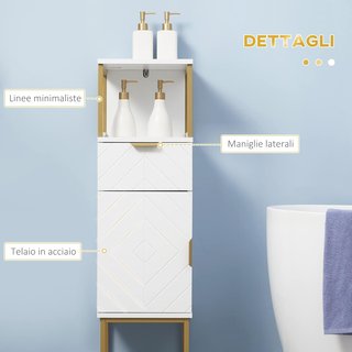 Mueble De Baño, Columna De Baño Con Cajón, Armario Y Estante De Madera Y Metal, 30X30X105Cm, Blanco