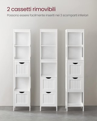 Mueble Alto De Baño, Armario De Baño, Mueble De Baño, Con 2 Cajones Y 3 Compartimentos Abiertos, 30 X 30 X 141,5 Cm, para Baño, Sala De Estar, Cocina, Blanco BBC66WT