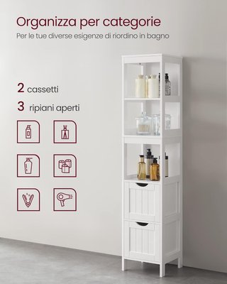 Mueble Alto De Baño, Armario De Baño, Mueble De Baño, Con 2 Cajones Y 3 Compartimentos Abiertos, 30 X 30 X 141,5 Cm, para Baño, Sala De Estar, Cocina, Blanco BBC66WT