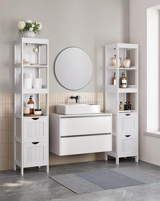 Mueble Alto De Baño, Armario De Baño, Mueble De Baño, Con 2 Cajones Y 3 Compartimentos Abiertos, 30 X 30 X 141,5 Cm, para Baño, Sala De Estar, Cocina, Blanco BBC66WT