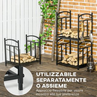 Estante para Leña de Exterior e Interior de 3 Niveles, Uso Separado o Apilado, Leñera de Metal con Ganchos para Herramientas, Negro