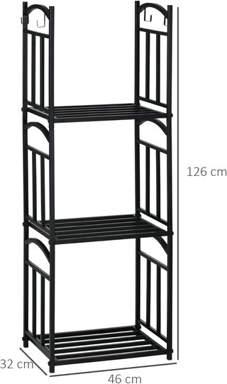 Estante para Leña de Exterior e Interior de 3 Niveles, Uso Separado o Apilado, Leñera de Metal con Ganchos para Herramientas, Negro