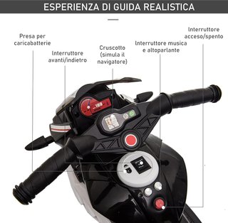 Moto Eléctrica para Niños 3-5 Años Máx. 25Kg Con Luces, Música, Batería 6V Y Velocidad 3Km/H, 86X42X52 Cm, Negro